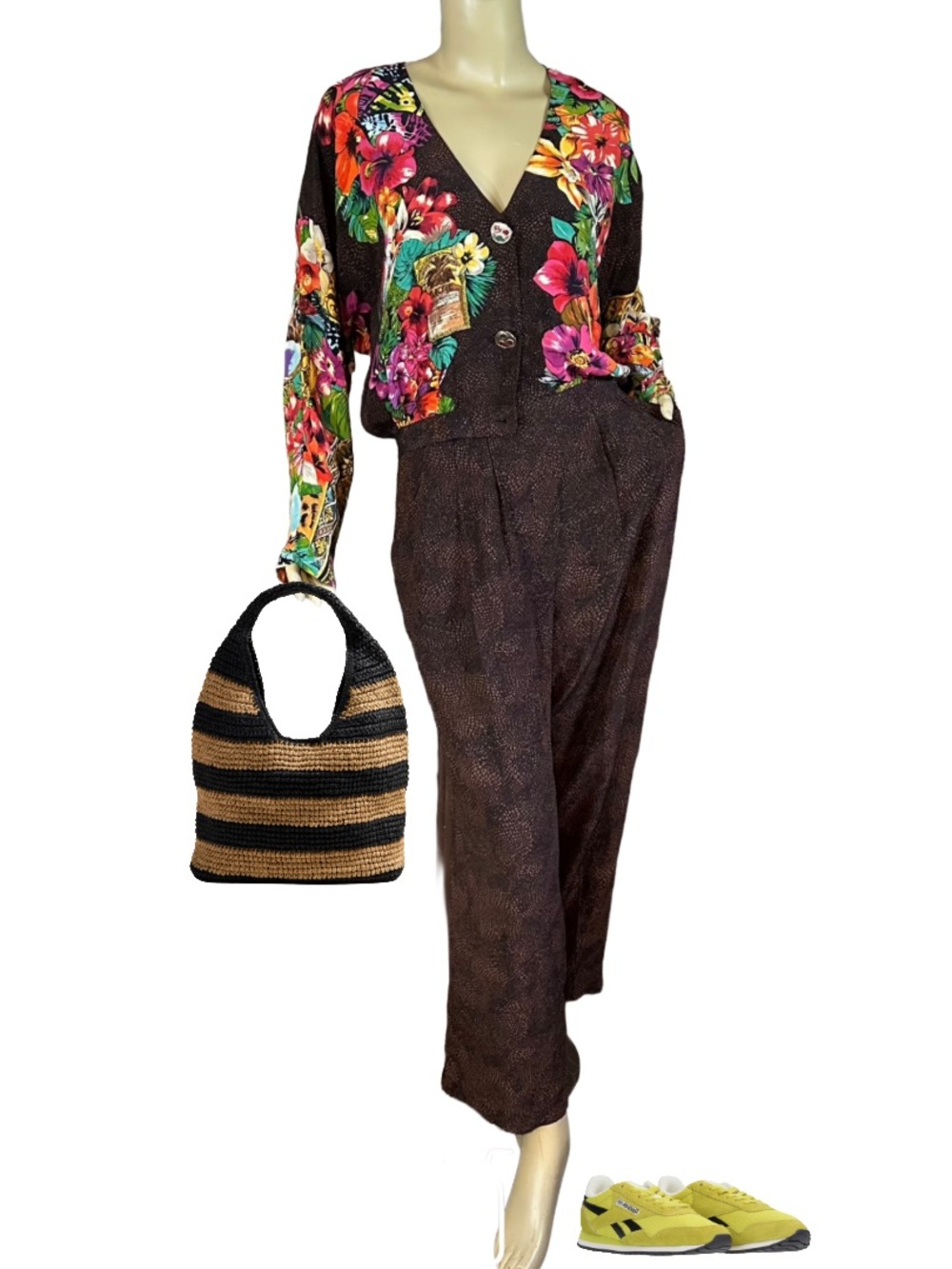 VINTAGE 1980'S CITY CAROLE LITTLE COLORFUL FLORAL & ANIMAL PRINT PANT SET (M)